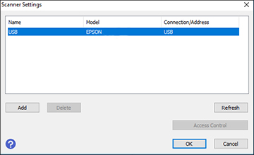 Epson Scan 2 Utility Scanner Settings showing a generic EPSON USB entry selected