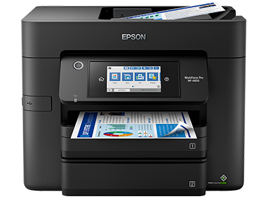 Epson WorkForce Pro WF-4830 front view with control panel, ADF and two paper cassettes
