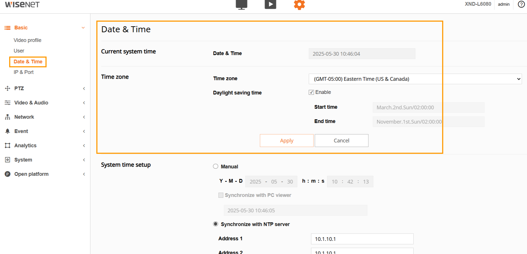 Hanwha support screenshot of XND-L6080 Date & Time with time zone, daylight saving and NTP controls