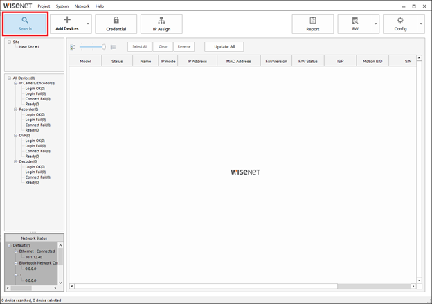 Official Wisenet Device Manager screenshot with Search highlighted and no devices listed