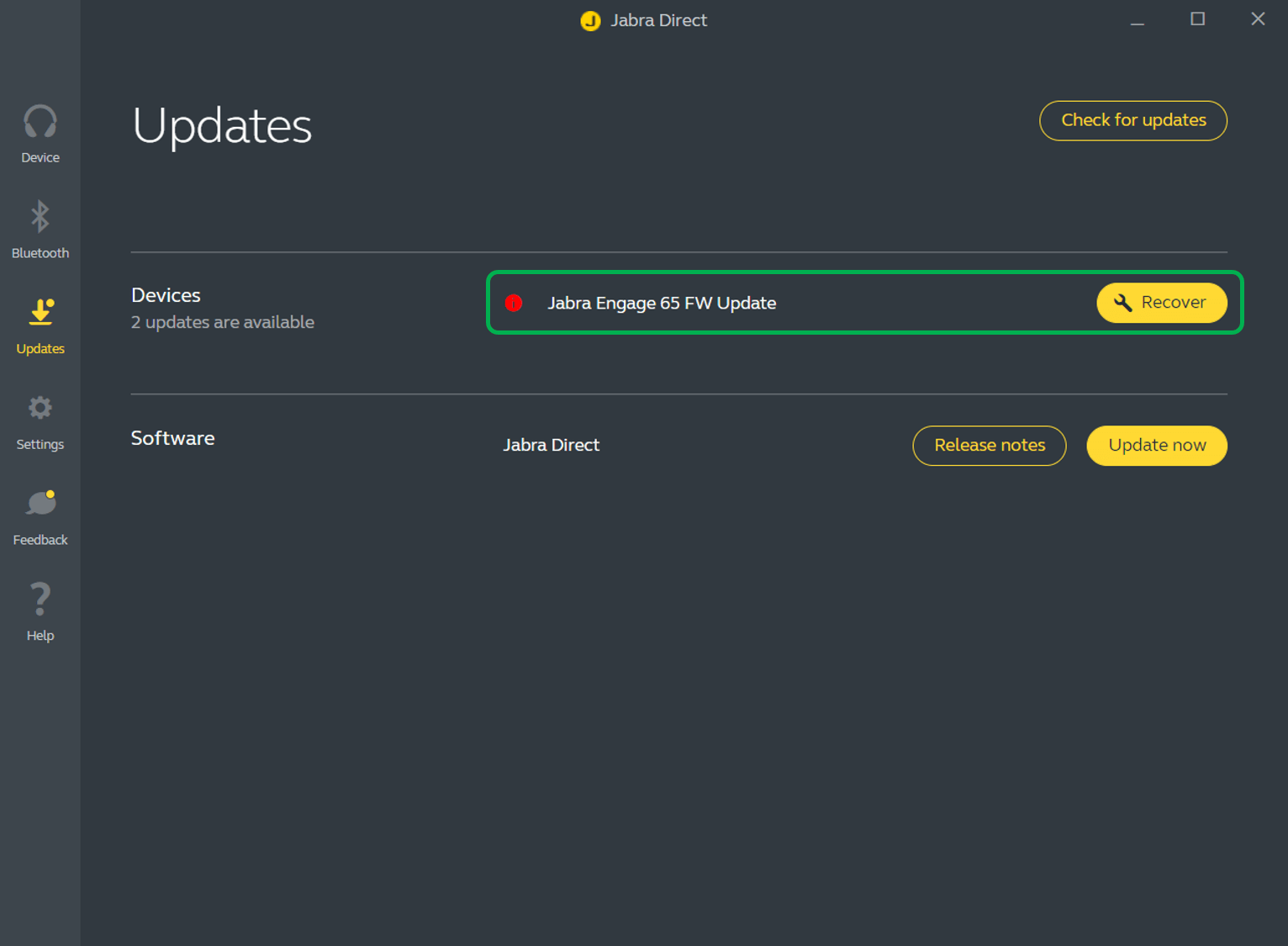 Official Jabra Direct Updates screenshot with a sample Engage 65 firmware Recover row and a separate Direct software Update now button.