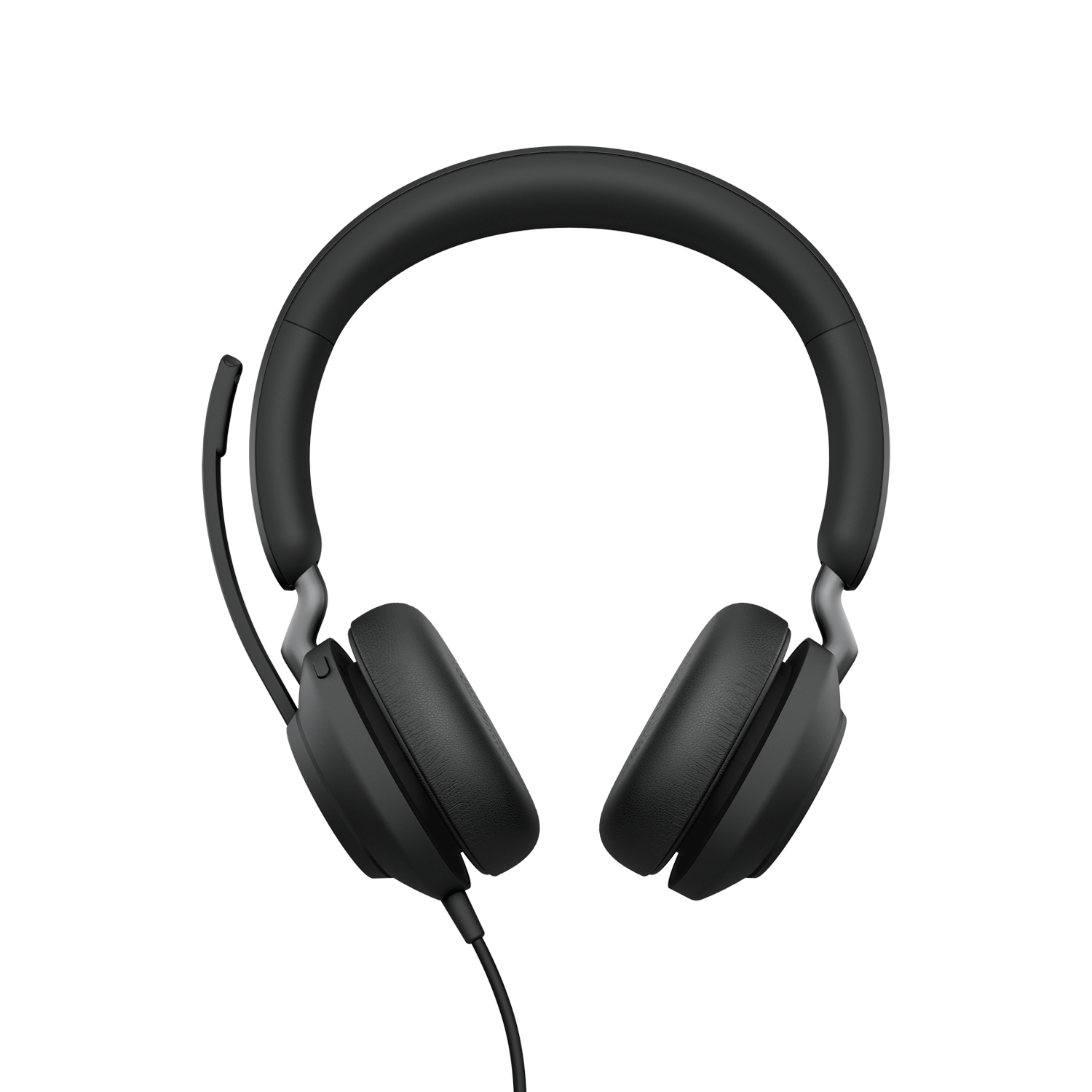 Jabra Evolve2 40 corded stereo headset with raised microphone boom and cable leaving the left earcup.