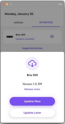 Older official Logi Tune screenshot offering Brio 500 firmware Version 1.0.319 with Update Now and Update Later buttons.