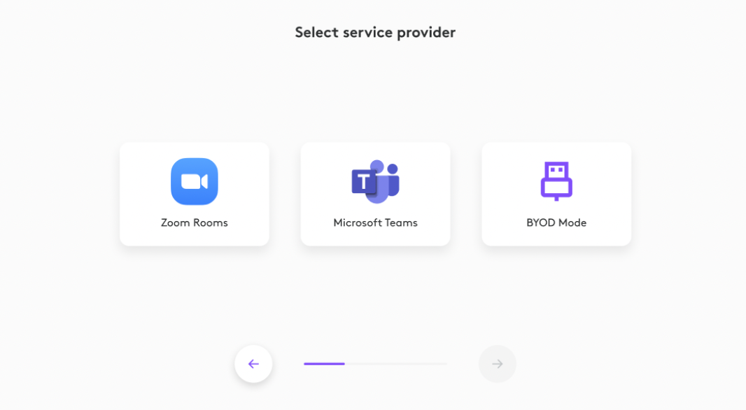 Official CollabOS Select service provider screen with Zoom Rooms, Microsoft Teams and BYOD Mode choices, before a provider is selected.
