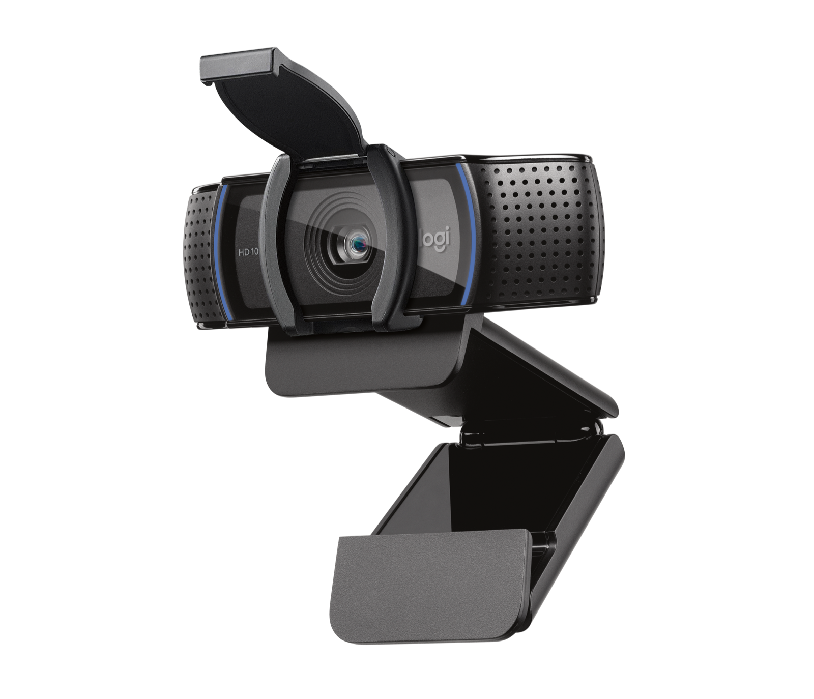 Logitech C920s webcam with its physical privacy shutter raised above the uncovered lens.