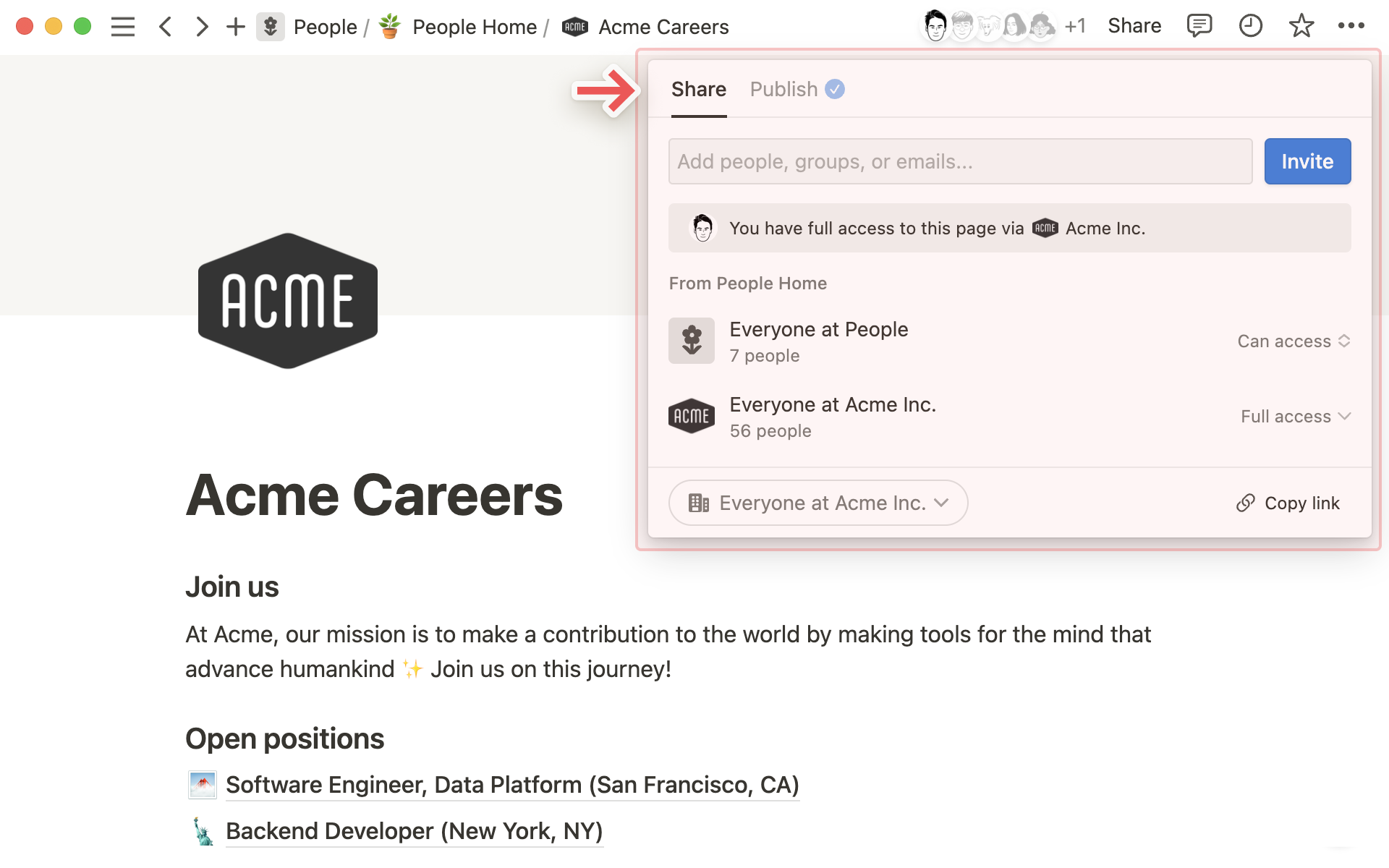 Notion Acme Careers Share menu with inherited People Home and Acme Inc grants and a checked Publish tab