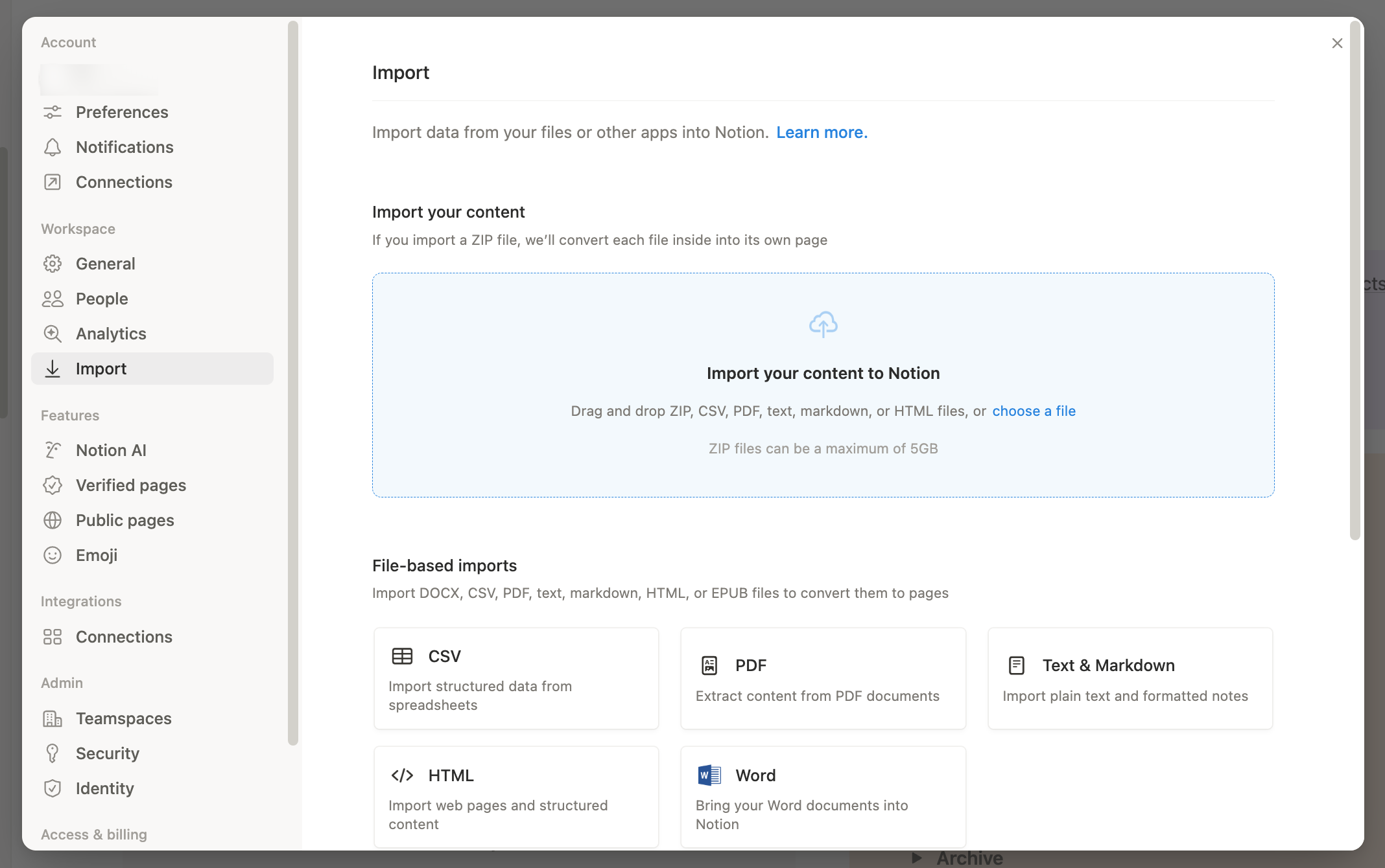 Notion Import settings with CSV listed as a file-based import option