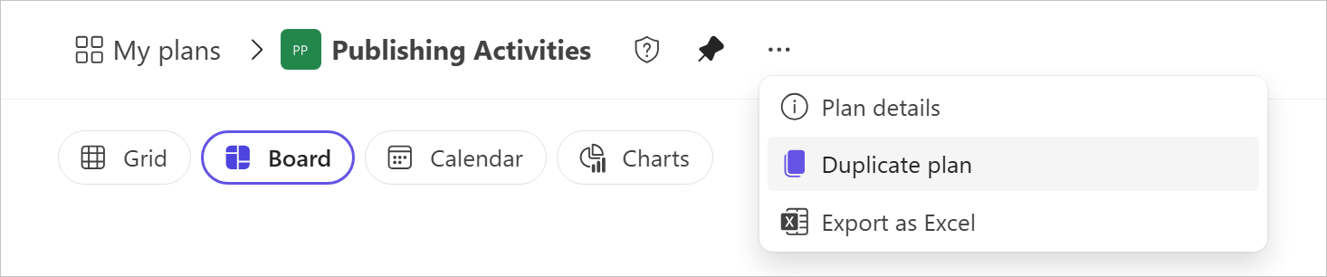 Microsoft Planner Publishing Activities menu with Duplicate plan highlighted