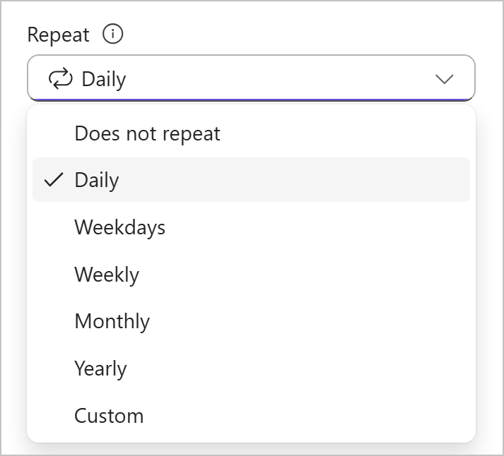 Microsoft Planner Repeat menu with Daily selected and preset and Custom interval choices