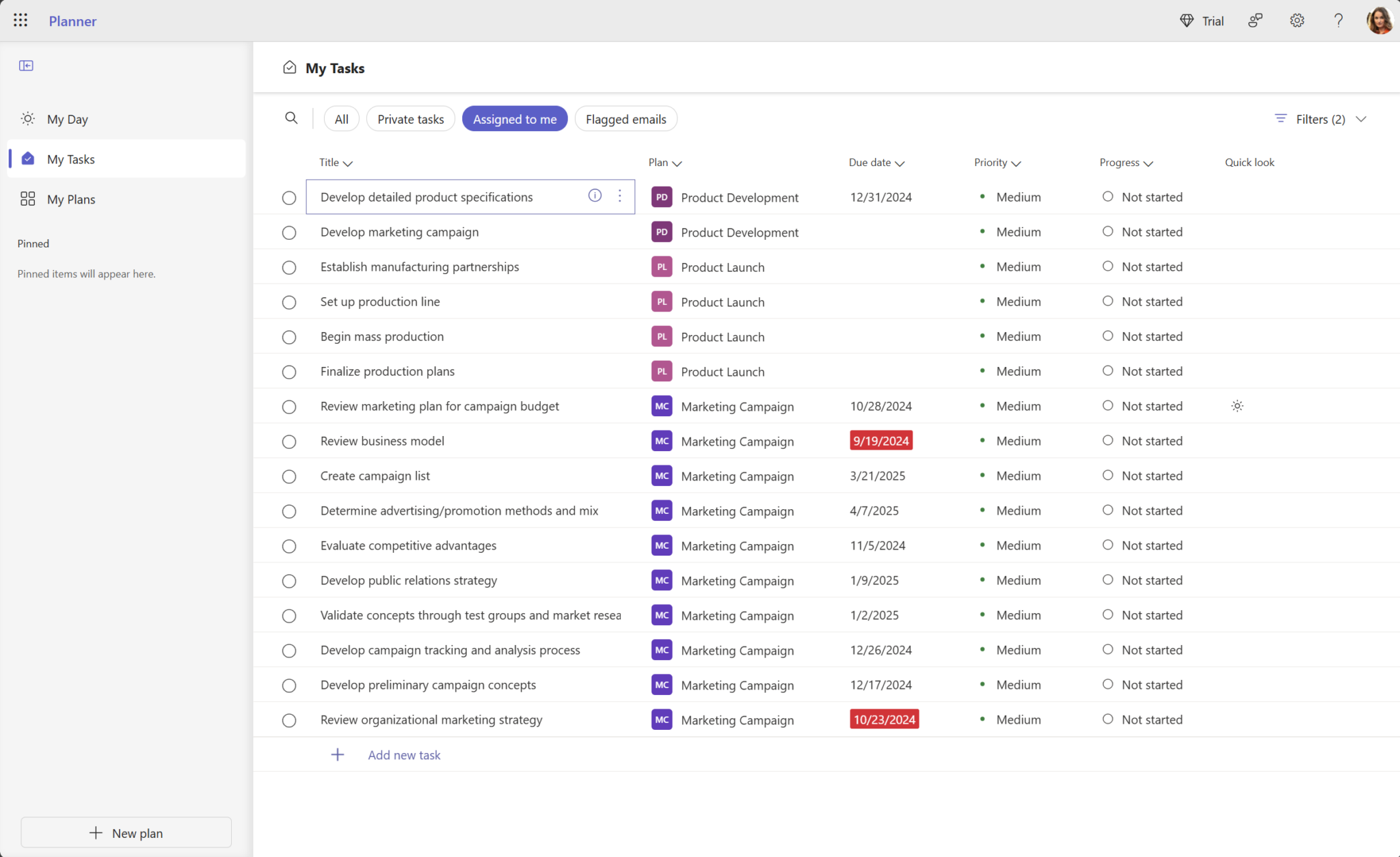 Microsoft Planner My Tasks view with Assigned to me selected and two active filters
