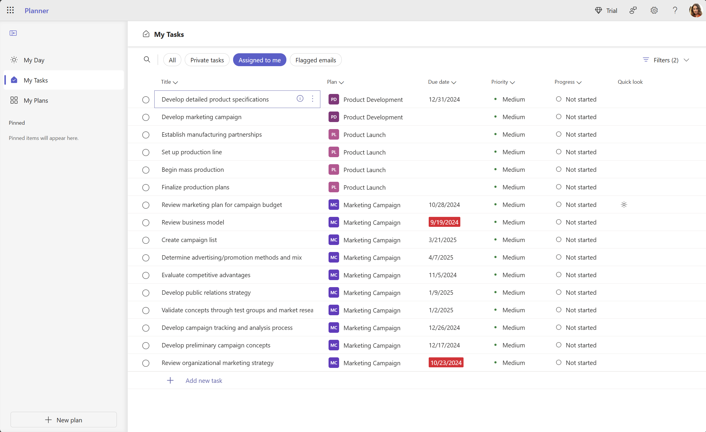 Microsoft Planner My Tasks view with Assigned to me selected and two active filters
