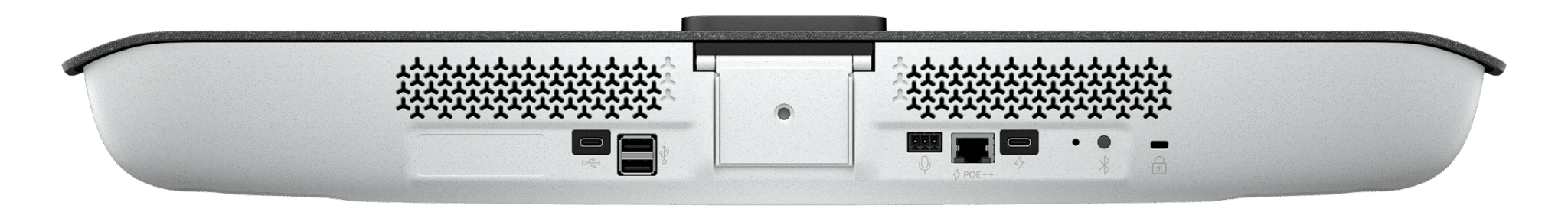 HP rear product view of Studio V12 showing USB-C data and separate power connections, USB-A ports and PoE++ Ethernet.