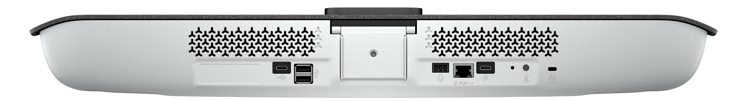 HP rear product view of Studio V12 showing USB-C data and separate power connections, USB-A ports and PoE++ Ethernet.