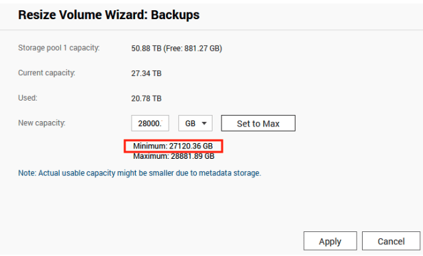 QNAP Resize Volume Wizard example showing pool free space and a minimum new capacity