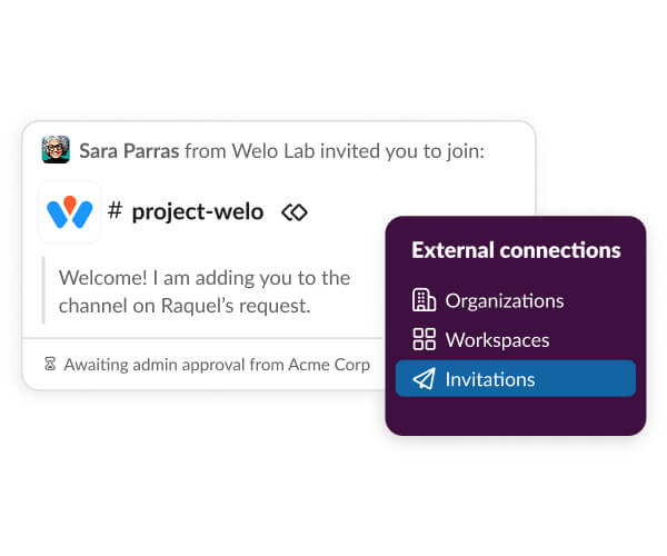 Slack published invitation example with Awaiting admin approval from AcmeCorp