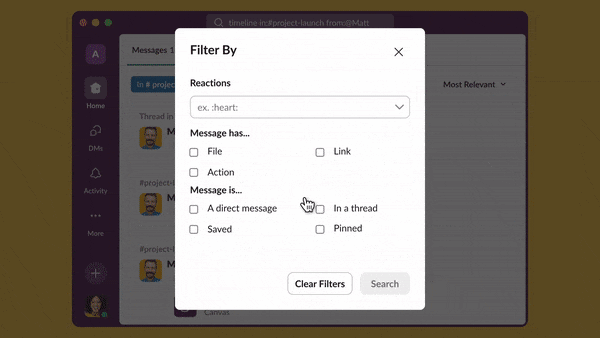 Slack tutorial Filter By dialog with reaction, file, link, thread, saved and pinned choices