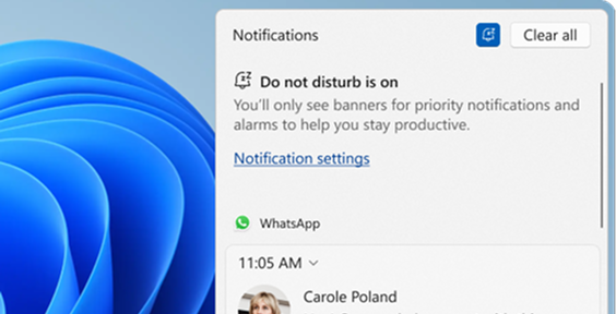 Microsoft Windows notification center with Do Not Disturb turned on and part of a WhatsApp notification