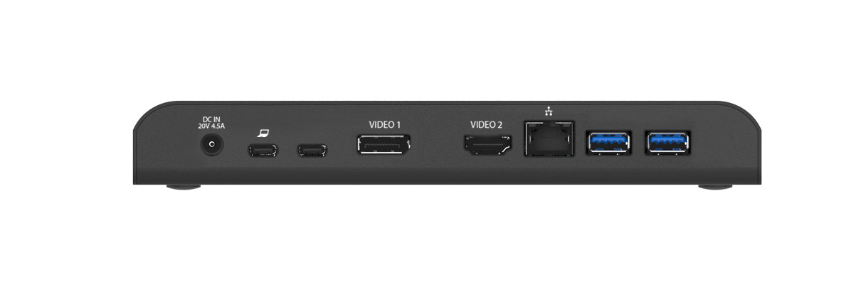 StarTech MST30C2DPPD rear photo with laptop-icon USB-C, downstream USB-C, DisplayPort VIDEO 1 and HDMI VIDEO 2