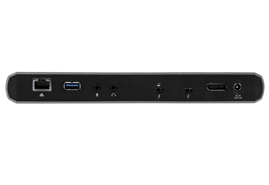 StarTech TB3DK2DPPD rear photo showing laptop-icon Thunderbolt host, peripheral Thunderbolt and DC input marked 20V 8.5A