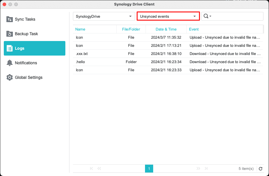Synology Drive Client Logs filtered to unsynced events with invalid filename messages