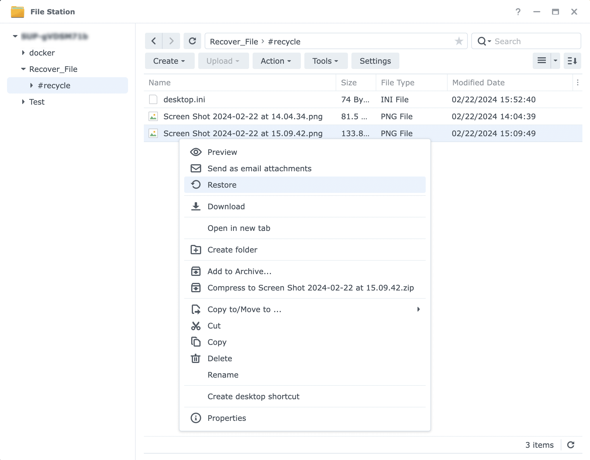 File Station #recycle folder with Restore selected in the context menu