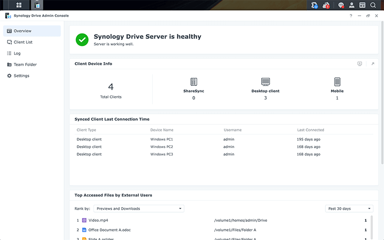 Synology Drive Admin Console with server health and client connection information