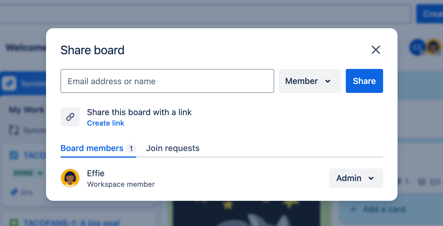 Trello Share board dialog with a blank invite field, a Member role menu, and Board members and Join requests tabs