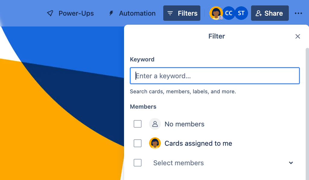 Trello Filter panel with keyword, No members and Cards assigned to me choices