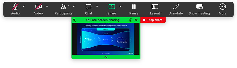 Official Zoom screen-sharing toolbar with shared-content preview, Pause and Stop share controls.